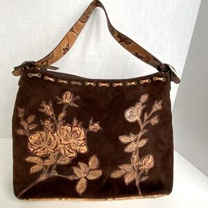 Isabella Fiore Floral Embroidered Brown Suede & leather Bag